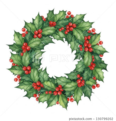 Festive Holly Wreath with Red Berries on a White Background 130799202
