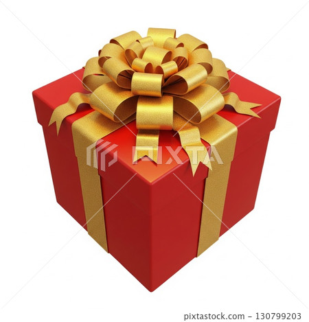 Square Red Gift Box Adorned With Golden Bow On White Background 130799203