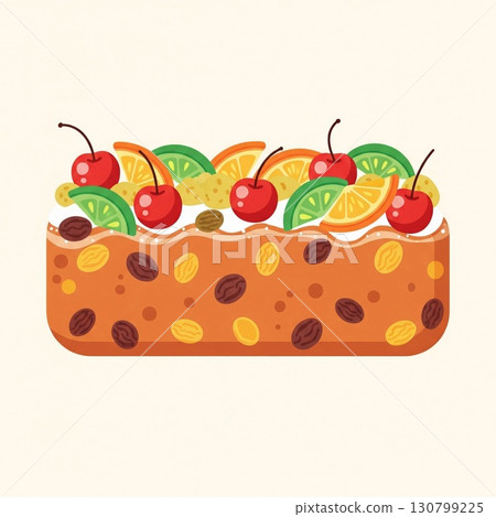 Fruit Cake Illustration with Cherries and Citrus Slices on White Background 130799225