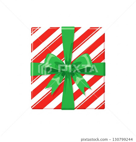 Festive Red and White Striped Gift Box with a Green Bow 130799244