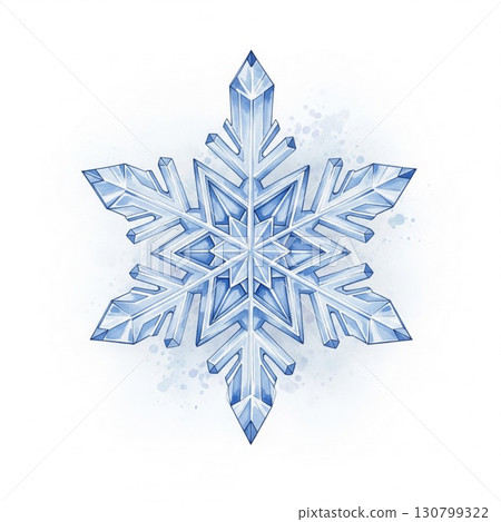Detailed Blue Snowflake Illustration on White Background in Watercolor Style 130799322