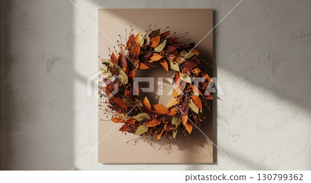 Autumnal Wreath of Brown and Orange Leaves with Small Beads on Beige Backdrop Autumnal Wreath of Brown and Orange Leaves with Small Beads on Beige Backdrop 130799362