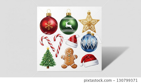 Festive Christmas Ornaments and Treats Arrangement on White Surface with Shadow 130799371