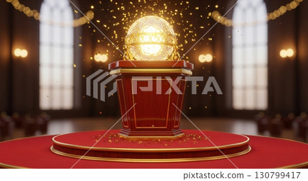 Golden Glowing Egg on Ornate Pedestal in Church Interior with Confetti 130799417