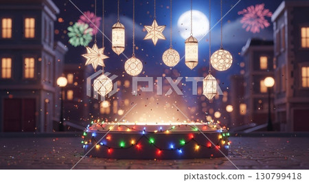 Illuminated Platform with Festive Lights and Hanging Lanterns on Cobblestone Street at Night 130799418