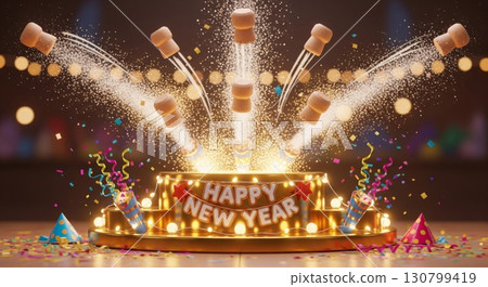 Festive Happy New Year Celebration with Golden Stage and Champagne Corks 130799419