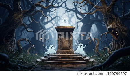 Spooky Cemetery Scene with Ghosts on Monument under Bare Branches 130799597