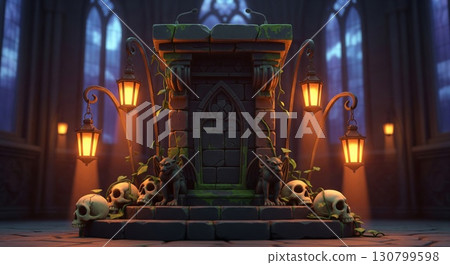 Mysterious Stone Gothic Altar Adorned with Skulls and Lanterns in Dark Blue Room with High Arched 130799598
