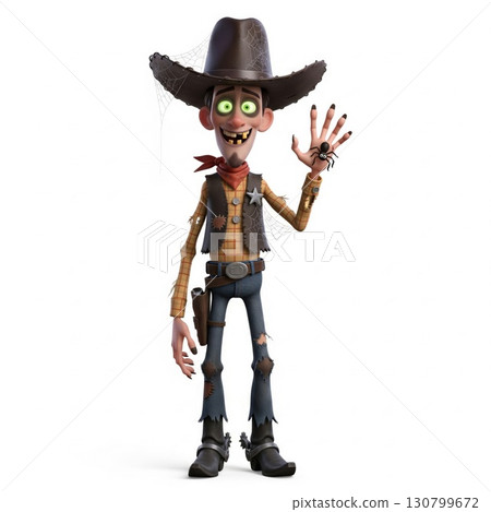 Cartoonish Cowboy Figure with Brown Hat Vest and Jeans on White Background Cartoonish Cowboy Figure with Brown Hat Vest and Jeans on White Background 130799672