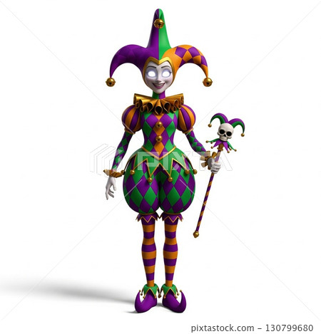 Full Shot of Female Jester in Purple and Green Harlequin Outfit with Skull Scepter 130799680