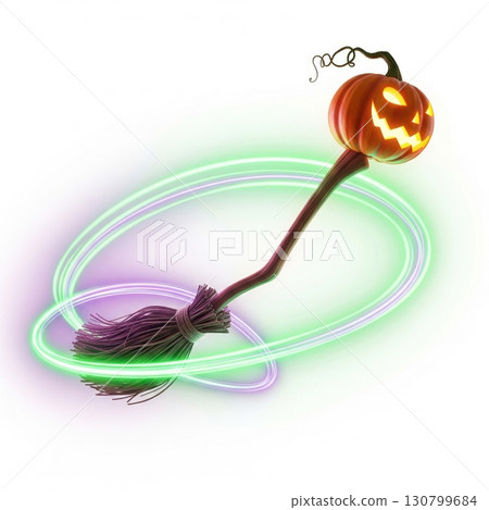 Halloween Pumpkin on Broom with Glowing Light Trails on White Background 130799684