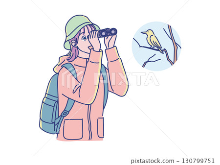 年輕女子用雙筒望遠鏡賞鳥 130799751