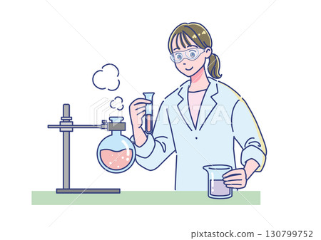A woman wearing goggles conducting a chemical experiment 130799752