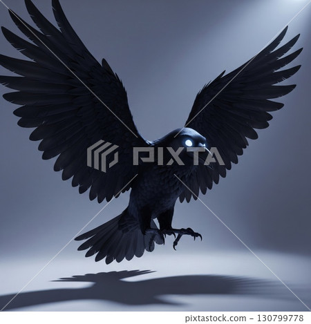Dramatic Low Angle of a Black Raven with Glowing Eyes Spreading Wings in Studio 130799778
