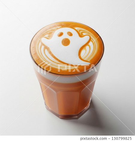 Halloween Spiced Latte Art with Ghost on White Tabletop 130799825