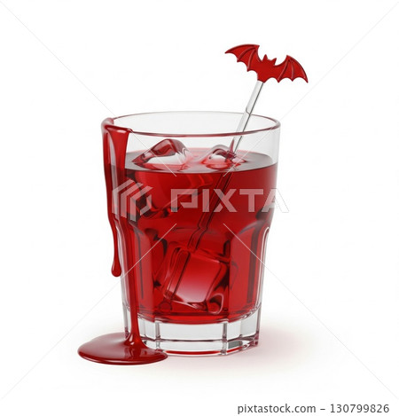 Translucent Glass with Red Liquid Ice and Bat Shaped Stirrer on White 130799826