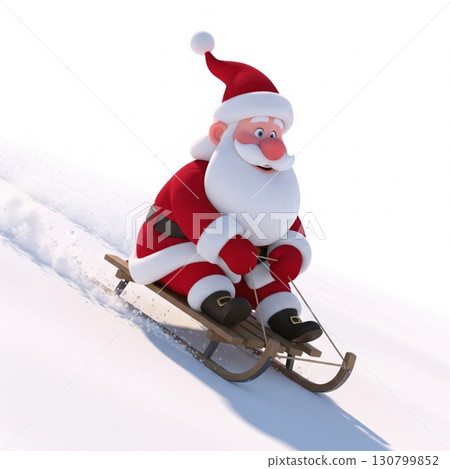 Cartoon Santa Claus Sledding Down Snowy Hill with Red Suit and Hat 130799852