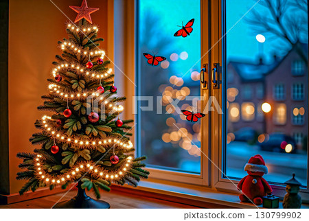 Christmas tree festive scene with butterflies. A small, decorated Christmas tree is set indoors by a window. 130799902