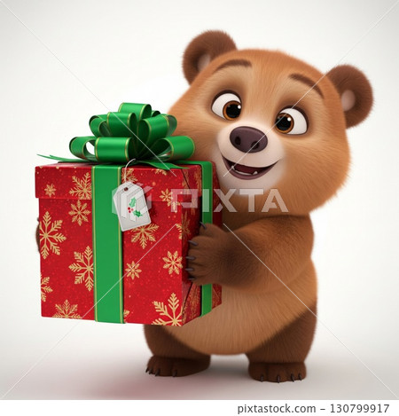 Cute Brown Bear Holding Red Gift Box with Green Ribbon on White Background 130799917