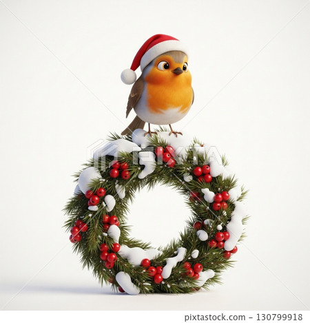 Festive Robin Perched Atop Snowy Christmas Wreath on White Background 130799918
