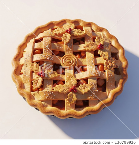 Golden Apple Pie with Lattice Crust and Festive Holly Decoration on White Surface Golden Apple Pie with Lattice Crust and Festive Holly Decoration on White Surface 130799926