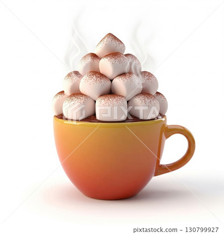 Hot Chocolate Cup Topped with Marshmallows and Cinnamon with White Background 130799927