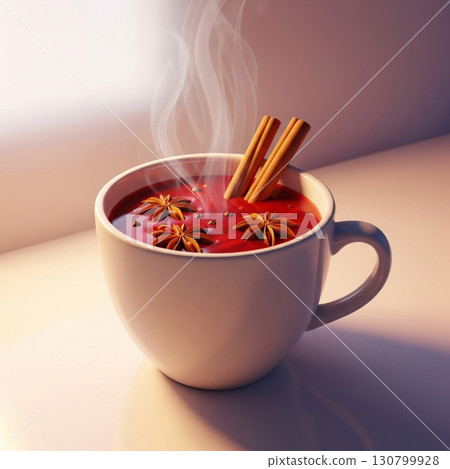 Steaming Red Mulled Wine in White Mug with Cinnamon Sticks and Star Anise Steaming Red Mulled Wine in White Mug with Cinnamon Sticks and Star Anise 130799928