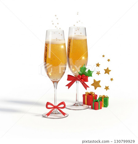 Two Golden Champagne Flutes with Red Bows and Gifts on White Background Two Golden Champagne Flutes with Red Bows and Gifts on White Background 130799929
