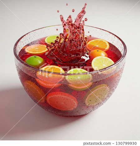 Vibrant Fruit Punch Bowl with Citrus Slices and a Splash on White Backdrop Vibrant Fruit Punch Bowl with Citrus Slices and a Splash on White Backdrop 130799930