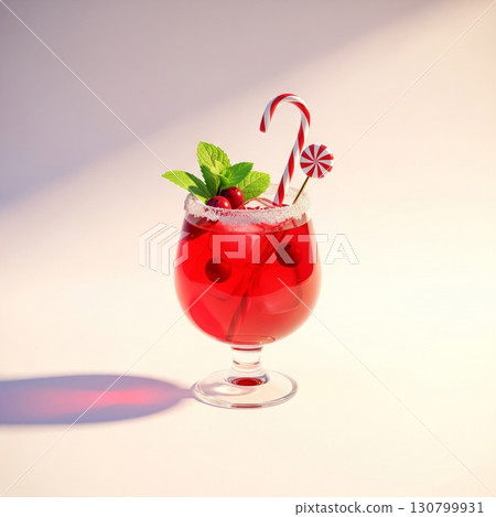 Festive Red Cocktail with Candy Cane and Mint on White Surface Festive Red Cocktail with Candy Cane and Mint on White Surface 130799931
