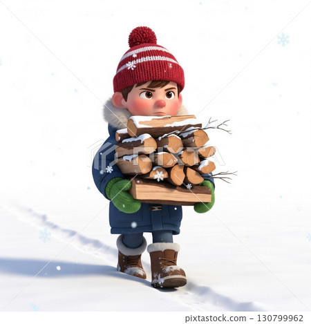 Boy Carries Stack of Wood Logs in Snowy Landscape with Footprints 130799962