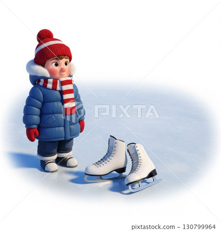 Young Child in Winter Outfit Standing Near Ice Skates on Ice Surface Illustration 130799964