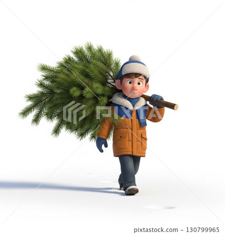 Boy in Winter Coat Carrying Christmas Tree on Snowy Background 130799965