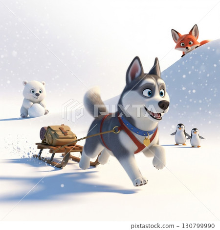 Animated Husky Pulling Sled with Bag in Snowy Landscape with Polar Bear and Fox Animated Husky Pulling Sled with Bag in Snowy Landscape with Polar Bear and Fox 130799990