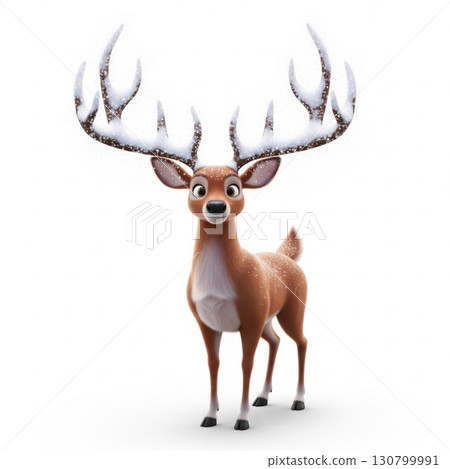 Cartoon Reindeer Covered with Snow on Antlers against White Background Isolated 130799991