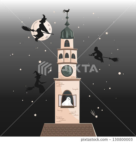 Old city hall tower and flying witches and wizards on the brooms. Halloween night background. Vector illustration. 130800003