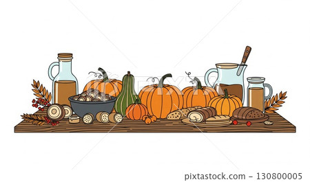 Autumn Harvest Display with Pumpkins Gourds Leaves and Jars on Wooden Surface 130800005