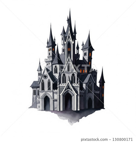 Grand Gothic Castle with Ornate Architectural Details on White Background Grand Gothic Castle with Ornate Architectural Details on White Background 130800171