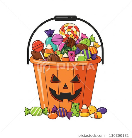 Pixel Art Illustration of Orange Pumpkin Bucket Filled with Halloween Candy on White Background 130800181