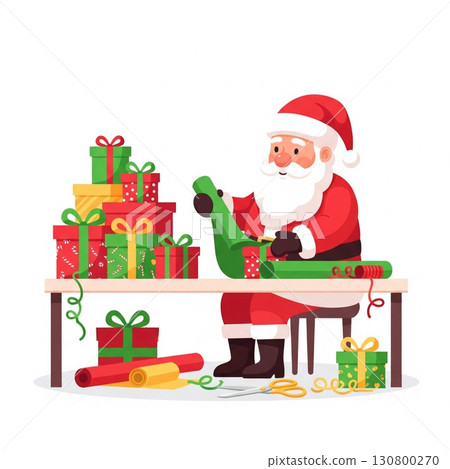 Santa Claus Wrapping Presents at Table with Colorful Gifts and Rolls Against White Backdrop Santa Claus Wrapping Presents at Table with Colorful Gifts and Rolls Against White Backdrop 130800270