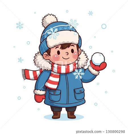Cartoon Boy in Winter Attire Holding Snowball on White Background 130800298