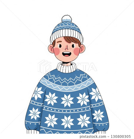 Smiling Boy in Blue Snowflake Sweater and Matching Hat on White Background 130800305