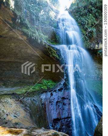 Nantou, Taiwan - October 18 : Beautiful view of Songlong Waterfall at Sun-Link-Sea Vacation Resort on October 18,2024 in Nantou, Taiwan. 130800309