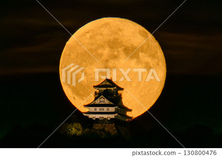 Gifu Castle and full moon 130800476