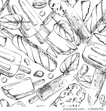 Melting refreshing ice cream sorbet popsicles. Mint leaves, nuts and candy dragee. graphic seamless pattern illustration hand drawn in vector ink. Artisan tag, natural product sheet, summer snack art 130800708