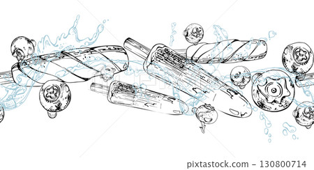 Fruit popsicle ice lolly surrounded by water splashes and drops, ripe berries. graphic seamless banner border header hand drawn in vector ink. Dessert packaging, sticker sheet, artisan product label Fruit popsicle ice lolly surrounded by water splashes and drops, ripe berries. graphic seamless banner border header hand drawn in vector ink. Dessert packaging, sticker sheet, artisan product label 130800714