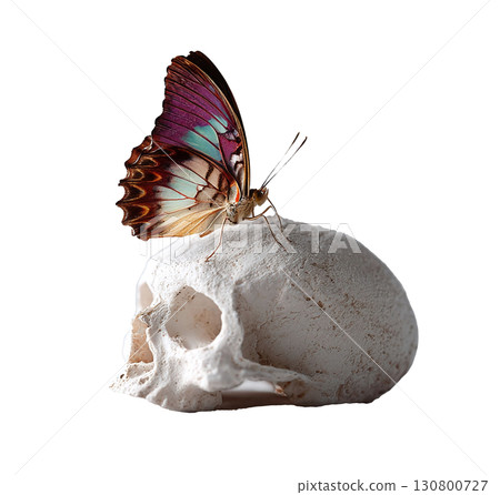 Striking conceptual image. A colorful butterfly perched atop a skull, symbolizing life, death, beauty, and the ephemeral nature of existence. Perfect for editorials, blogs, and art. 130800727