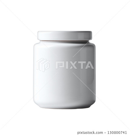 Minimalist studio shot featuring a sleek white jar filled with black seeds. Concept abundance, nutrition, or natural remedy. Use for food, health, or wellness projects. 130800741