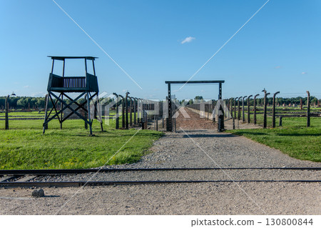 Auschwitz Birkenau Concentration and Extermination Camp. Viewpoint and gate leading to the Gas chamber 130800844