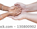 The open empty child's hands in adults open hands holding them isolated on white background. Interracial family holding hands, mother and son or daughter mixed by dark and white skin color. 130800902